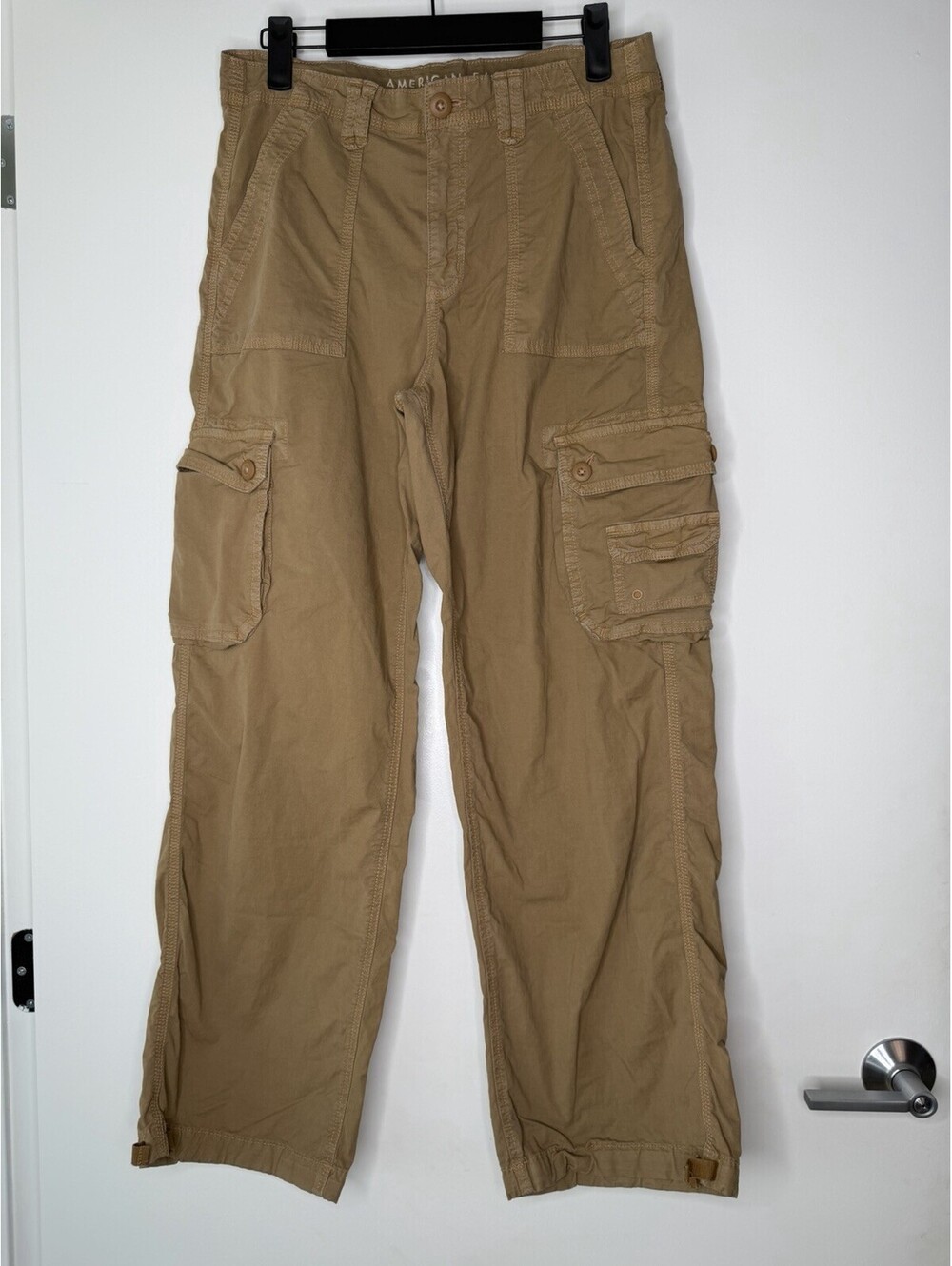 American Eagle Womens 10 Long Khaki Cargo Pants Stretch Y2K Utility Baggy Jogger